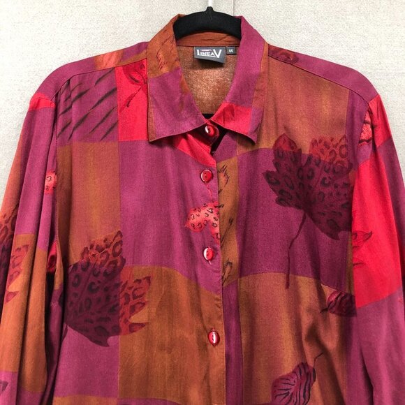 VTG Long Sleeve Blouse Womens L Leaf Print Rayon Wine Red Twee Quirky Unique - Picture 3 of 10